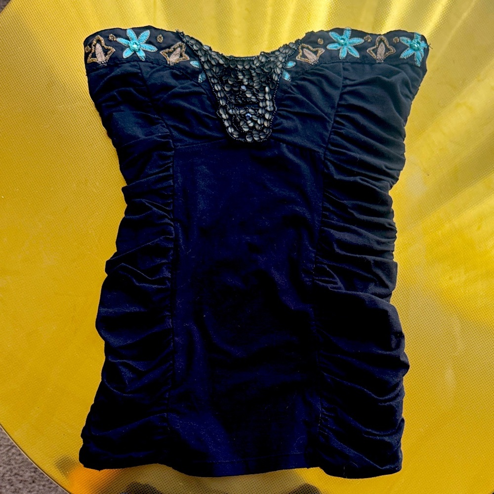 Free People Black Strapless tube shirt with Blue Floral Details